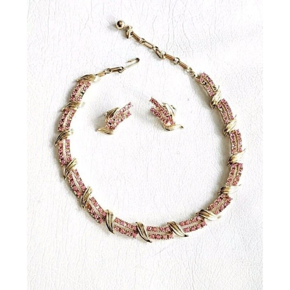 Vintage Coro Necklace & Earring Set Pink Rhinestones Gold Tone